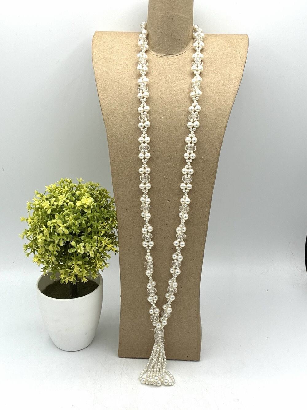 Vintage Faux Pearl Cluster Tassel Necklace Clear Lucite Flowers Long 34 Inch
